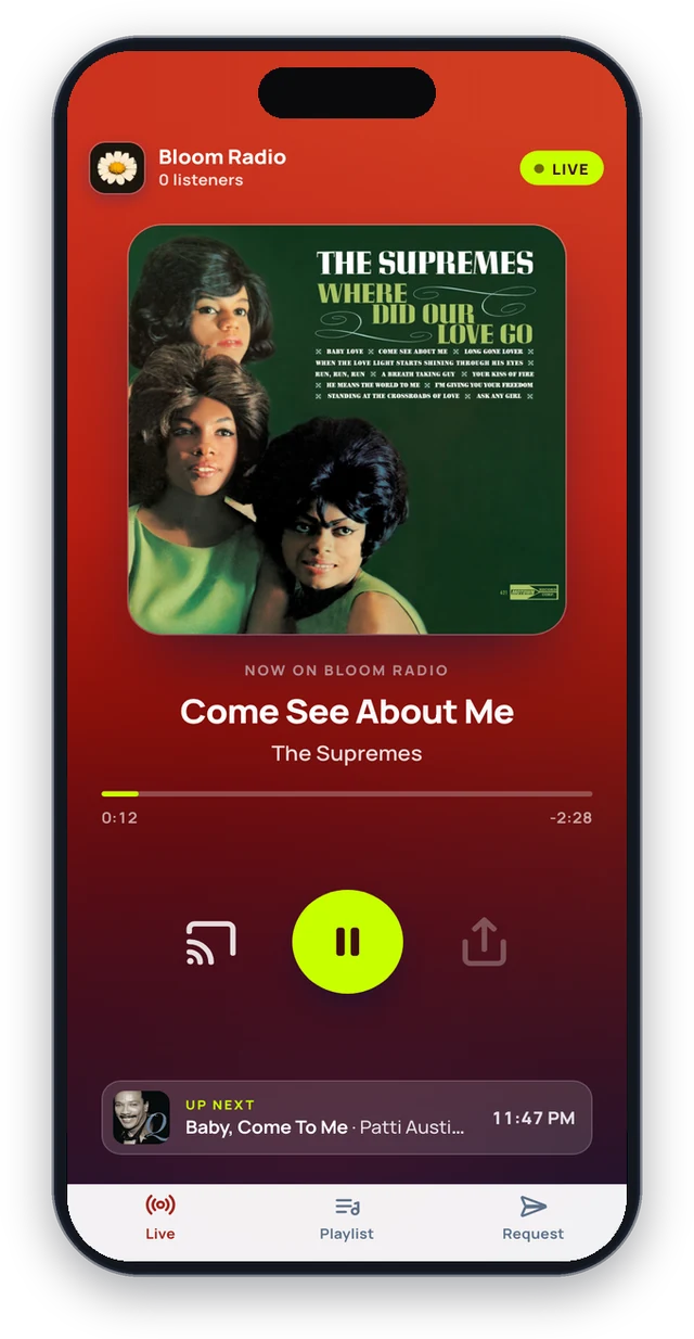 The live screen of the Bloom Radio app